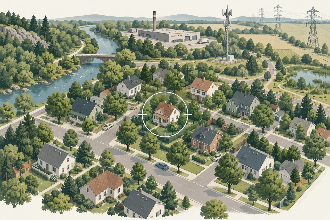 Illustrated neighborhood with homes, a river, an industrial building, a communications tower and power lines.